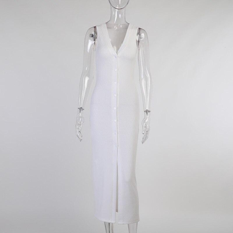 Vacation Button Up Split V Neck Sleeveless Long Dress Mssaz Desses
