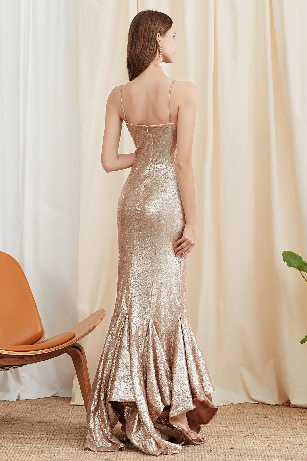 Party Dresses Spaghetti Straps Heavy Sequined Ruffles  Split Prom Long Designer Dresses Mssaz Desses