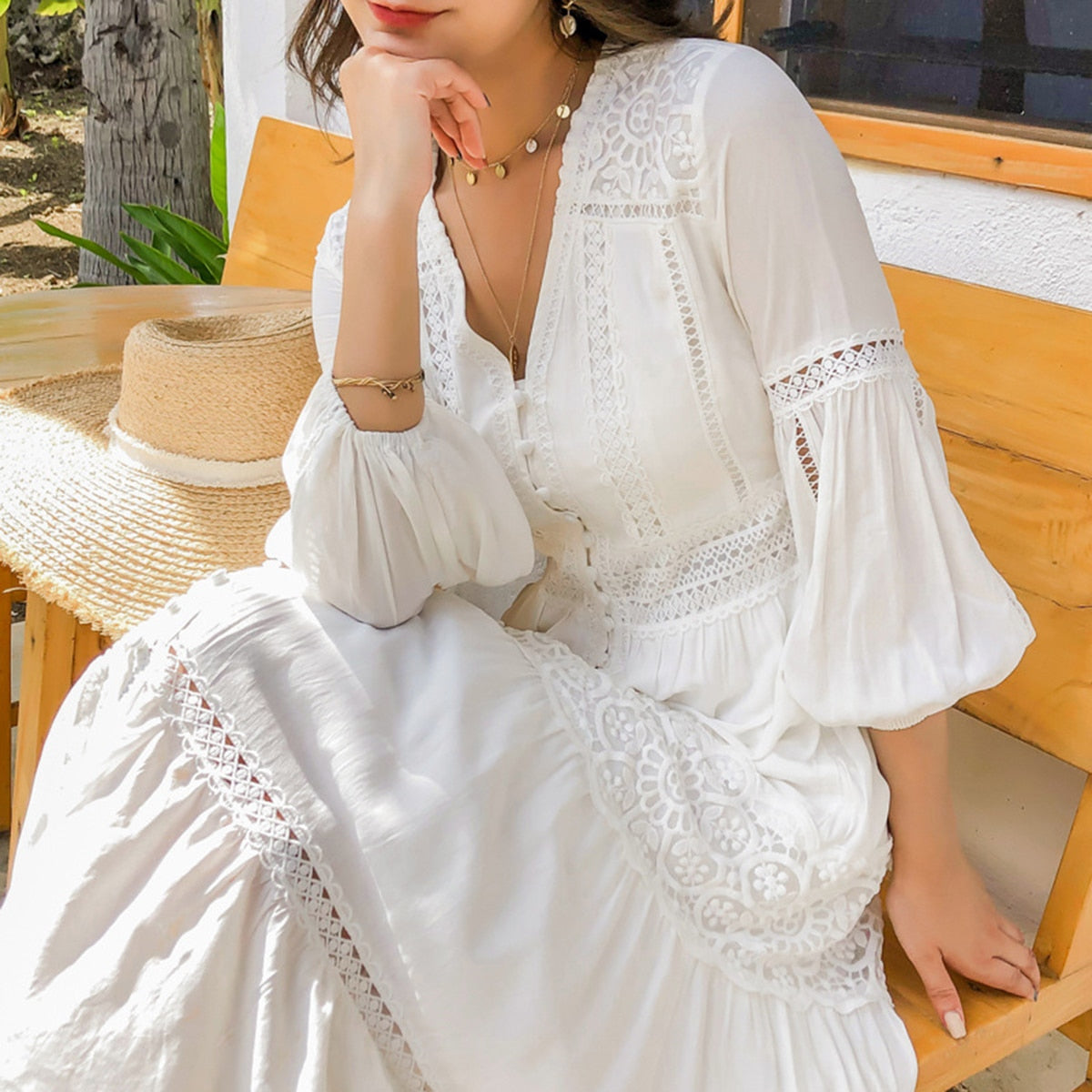 Cotton Patchwork Lace Dresses V-Neck Lantern Sleeve Maxi Dress Mssaz Desses