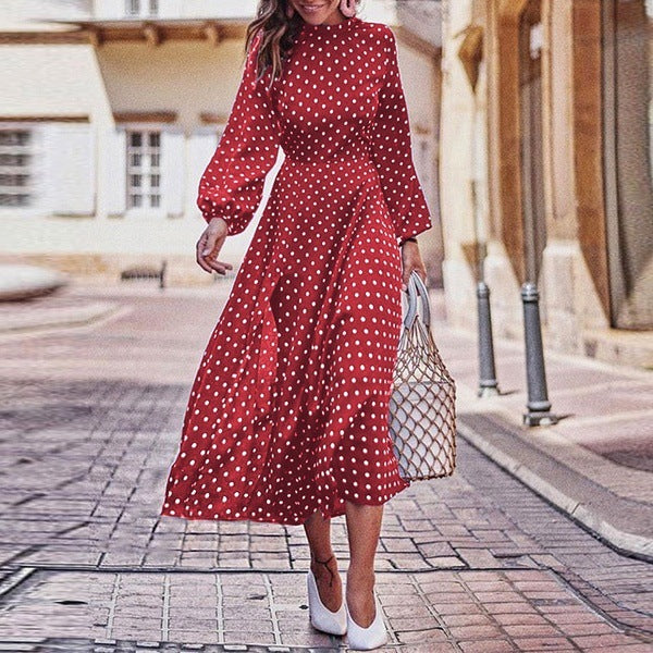 Boho Long Dress Blue Long Sleeve Elegant Dress Polka Dot Print Elegant Dress Mssaz Desses