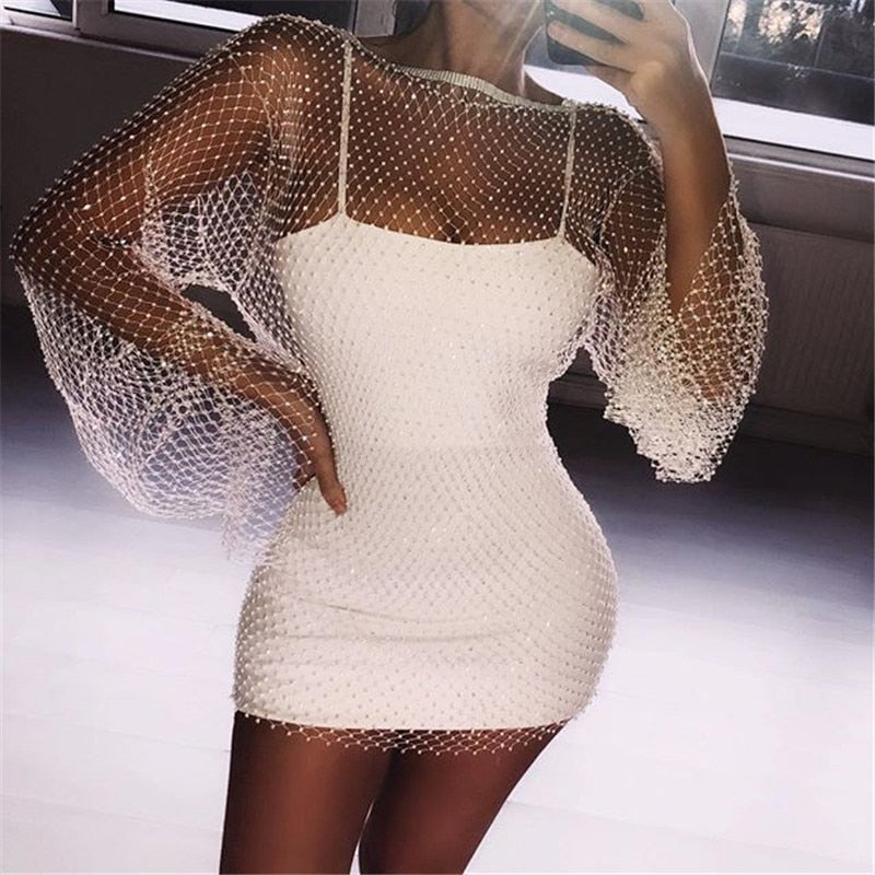 Bling Rhinestones Fishnet Mini Dress  Long Sleeve Crystal Dress Mssaz Desses