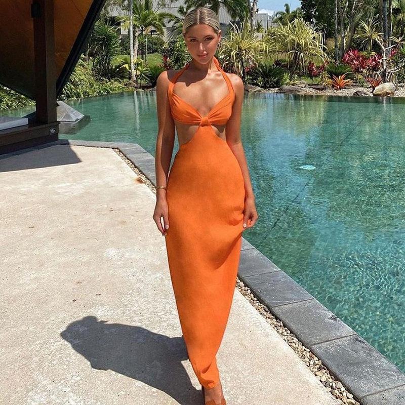 Solid  Open Back Halter Split Maxi Dress Mssaz Desses