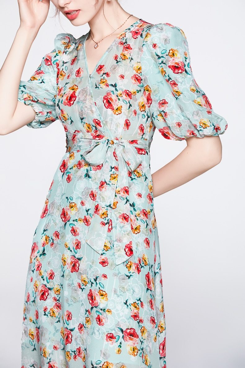 V Neck Short Sleeves Printed Sash Belt  Dress Mssaz Desses