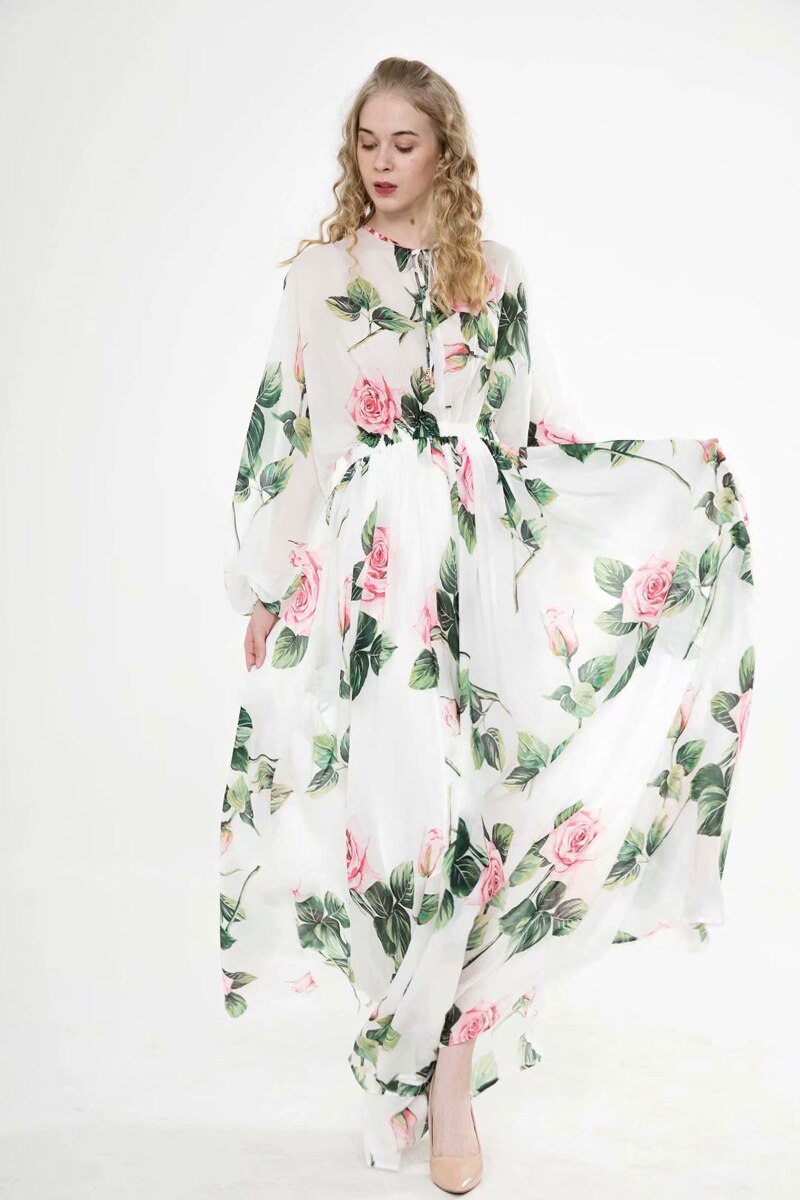 Long Sleeves Floral Printed Lace Up Elegant Maxi Design Casual Dress Mssaz Desses