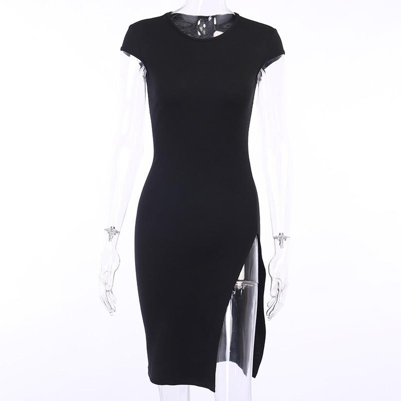 Woman Ribbed Short Sleeve High Slit Bodycon Dress Mssaz Desses