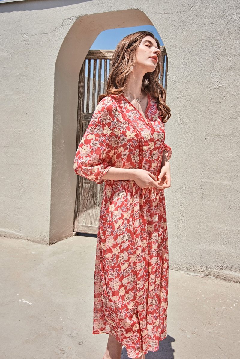 V Neck 3/4 Sleeves Floral Printed Lace Patchwork Holiday Dresses Mssaz Desses