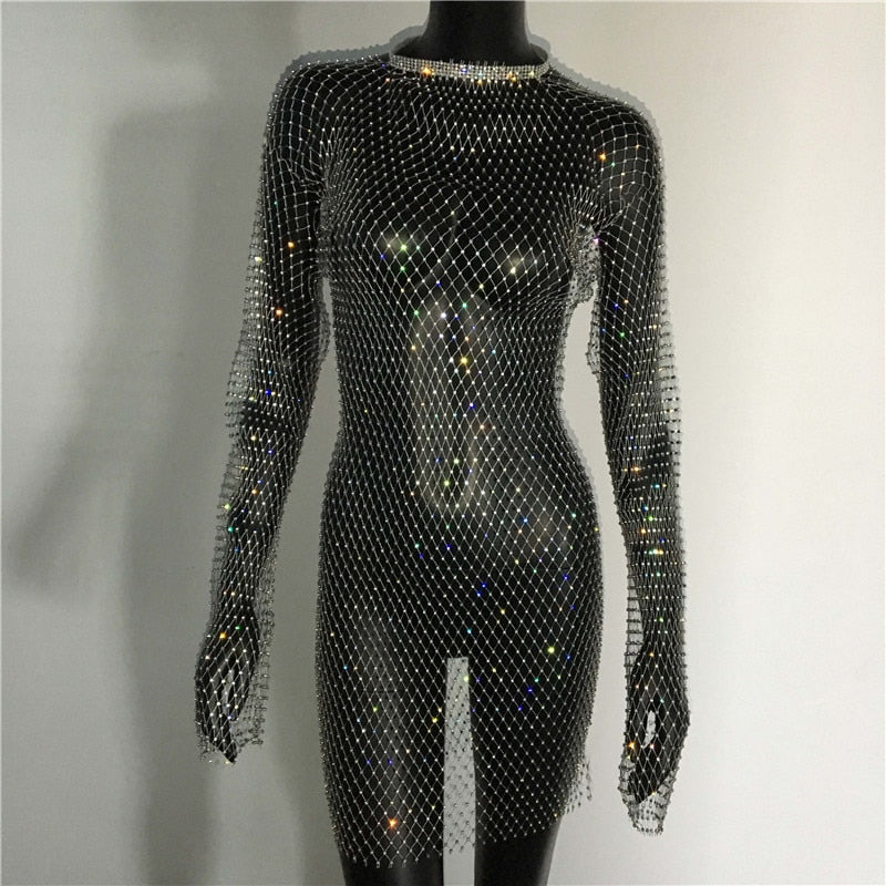 Bling Rhinestones Fishnet Mini Dress  Long Sleeve Crystal Dress Mssaz Desses