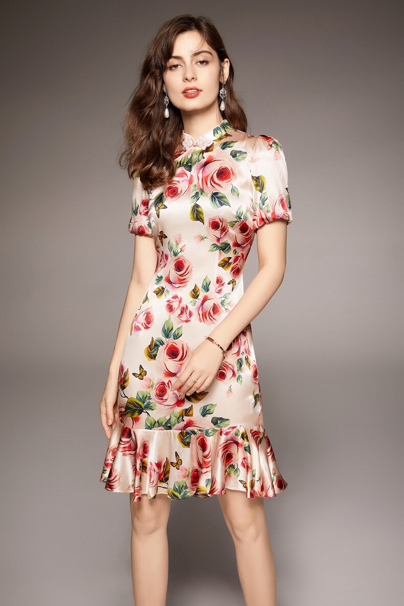 Vintage Stand Collar Short Sleeves Floral Printed Ruffles Elegant Dress Vestidos Mssaz Desses