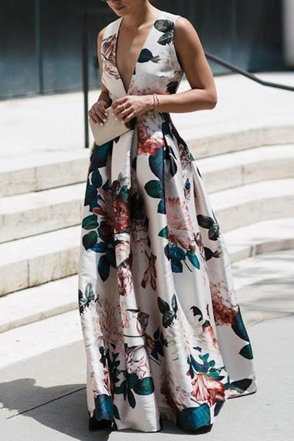 Trendy Sleeveless Deep V Neck Full Length Prom Dresses Mssaz Desses