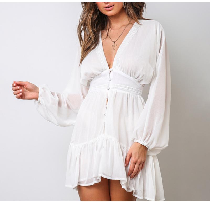 V Neck Spring  Dress Lace Long Sleeve Mini Party Dress Mssaz Desses