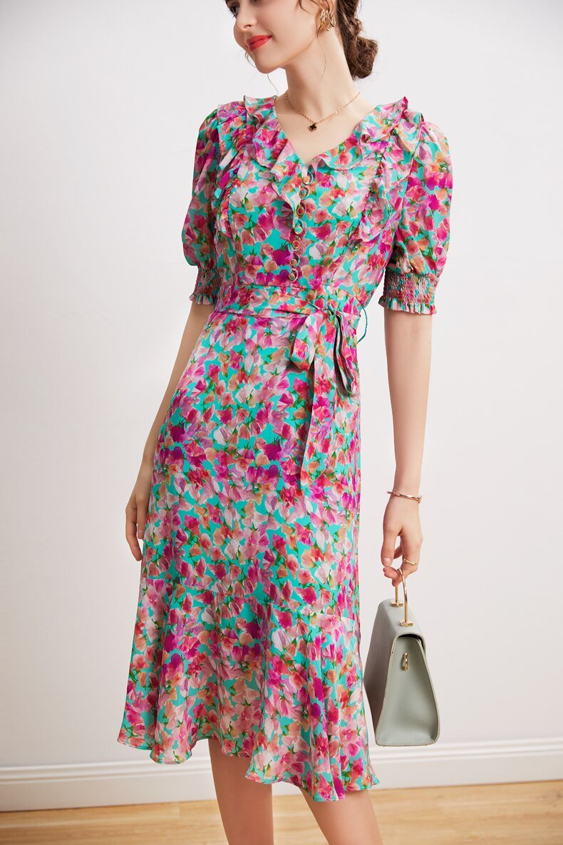 V Neck Short Sleeves Ruffles Sash Belt Printed  Dress Mssaz Desses