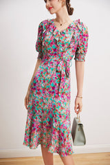 V Neck Short Sleeves Ruffles Sash Belt Printed  Dress Mssaz Desses