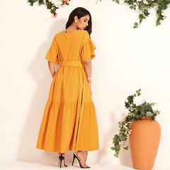 Jacquard Embroidery Trumpet Sleeve Bow Tie Belt Was Thin and Waisted All-match Long Dress Mssaz Desses