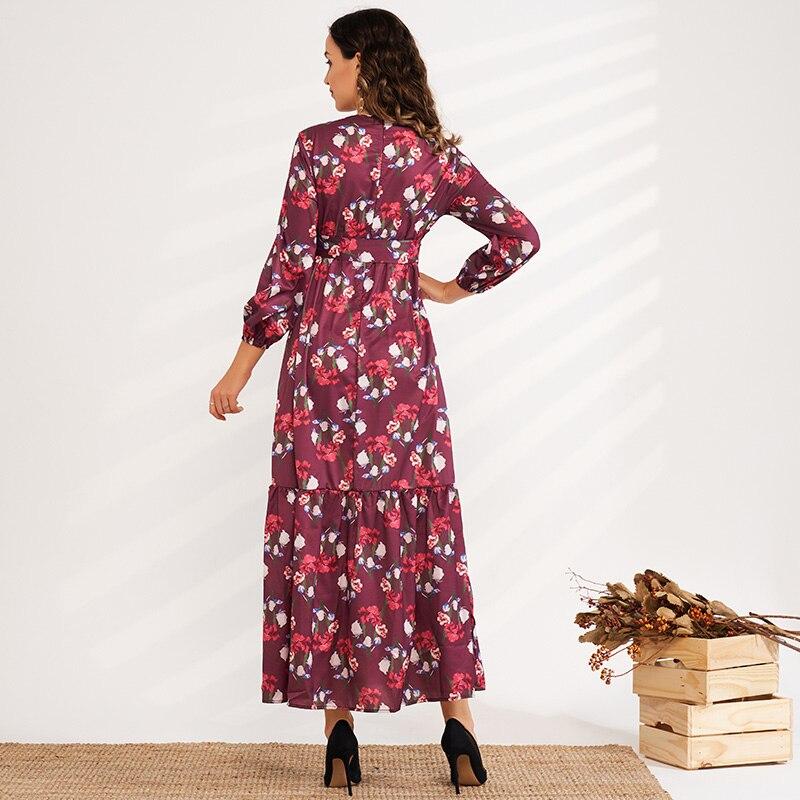 Sweet Long-sleeved Floral High-waisted Elastic Waist Long A-line Belted Romantic Dress Mssaz Desses