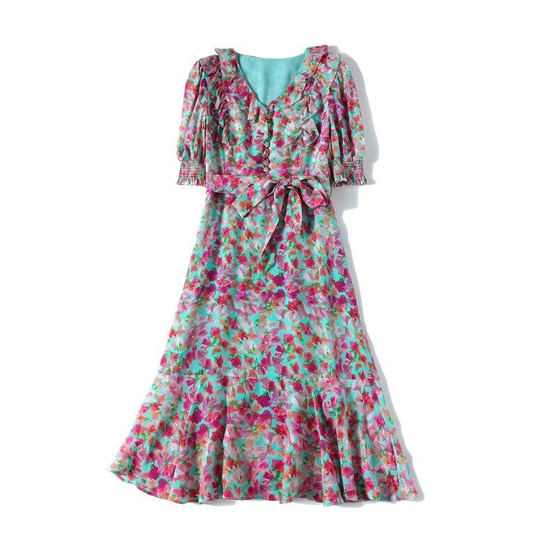 V Neck Short Sleeves Ruffles Sash Belt Printed  Dress Mssaz Desses