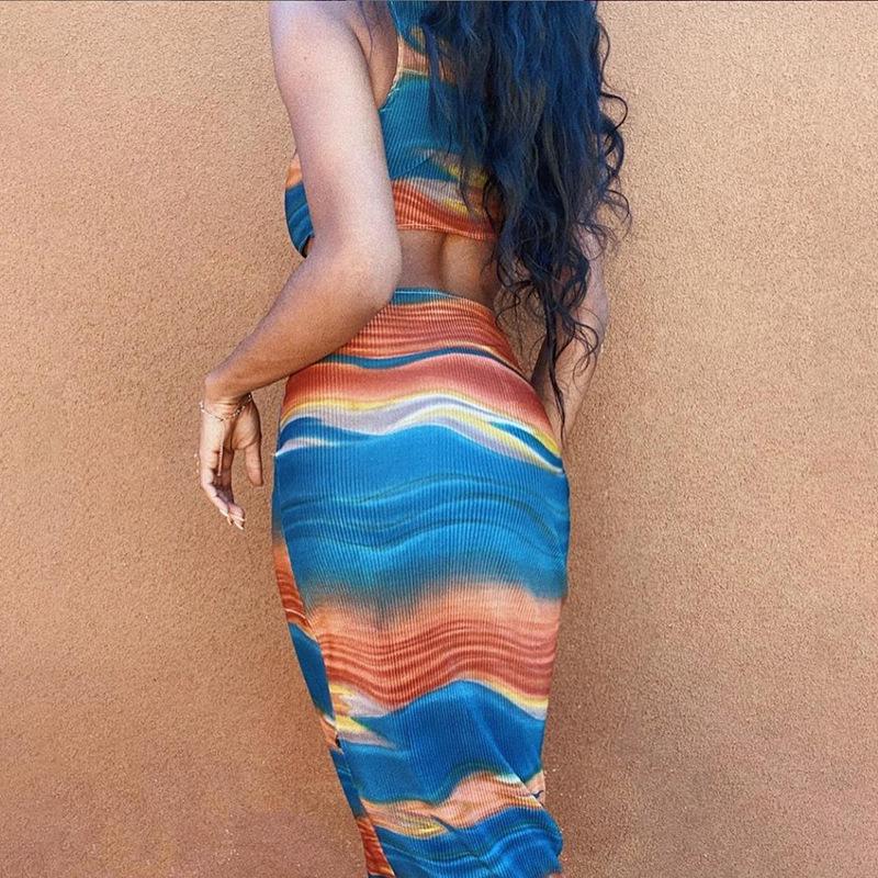 Colorful Print Vacation Long Dresses Cut Out Sleeveless Bodycon Dress Mssaz Desses