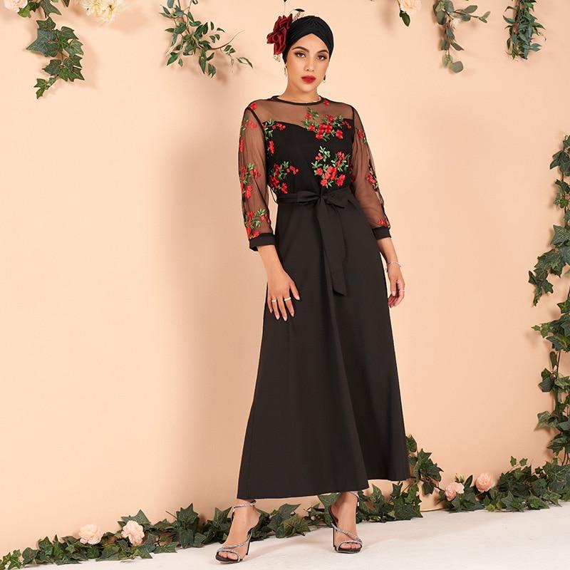 Ladies Embroidery Mesh Color Matching Waist Long-sleeved Arab Dress Banquet Dress Long Black Dress Mssaz Desses