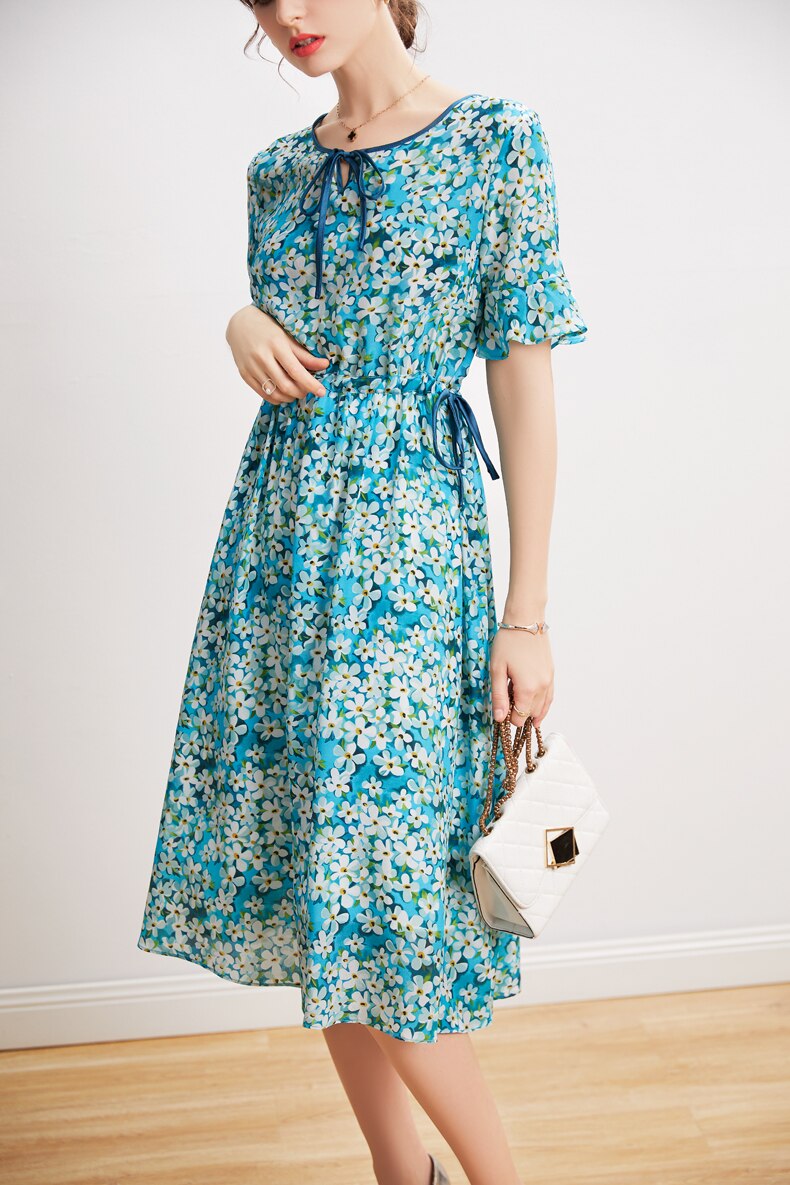 O Neck Short Sleeves Lace Up Waist Floral Printed Elegant  Dress Mssaz Desses