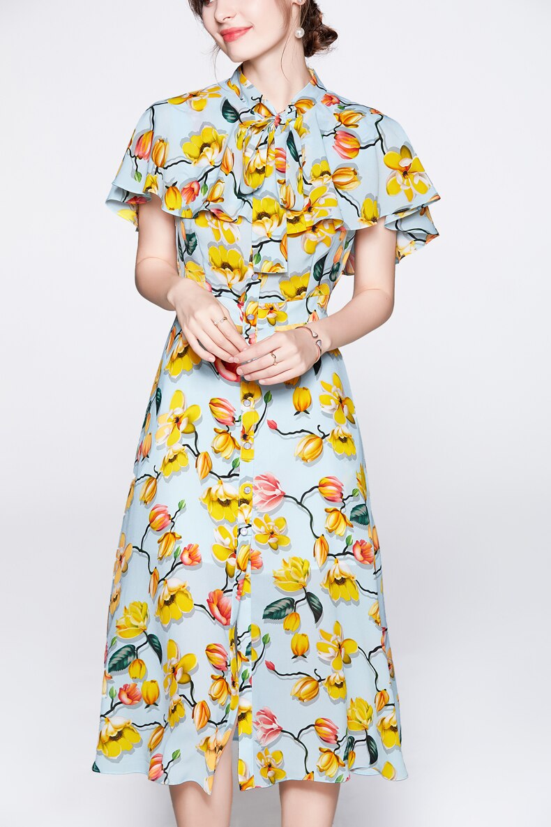 Lace Up Bow Collar Ruffles Printed Cape Sleeves Elegant Holiday Dress Mssaz Desses