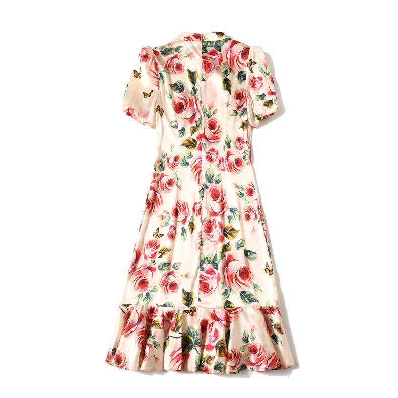 Vintage Stand Collar Short Sleeves Floral Printed Ruffles Elegant Dress Vestidos Mssaz Desses