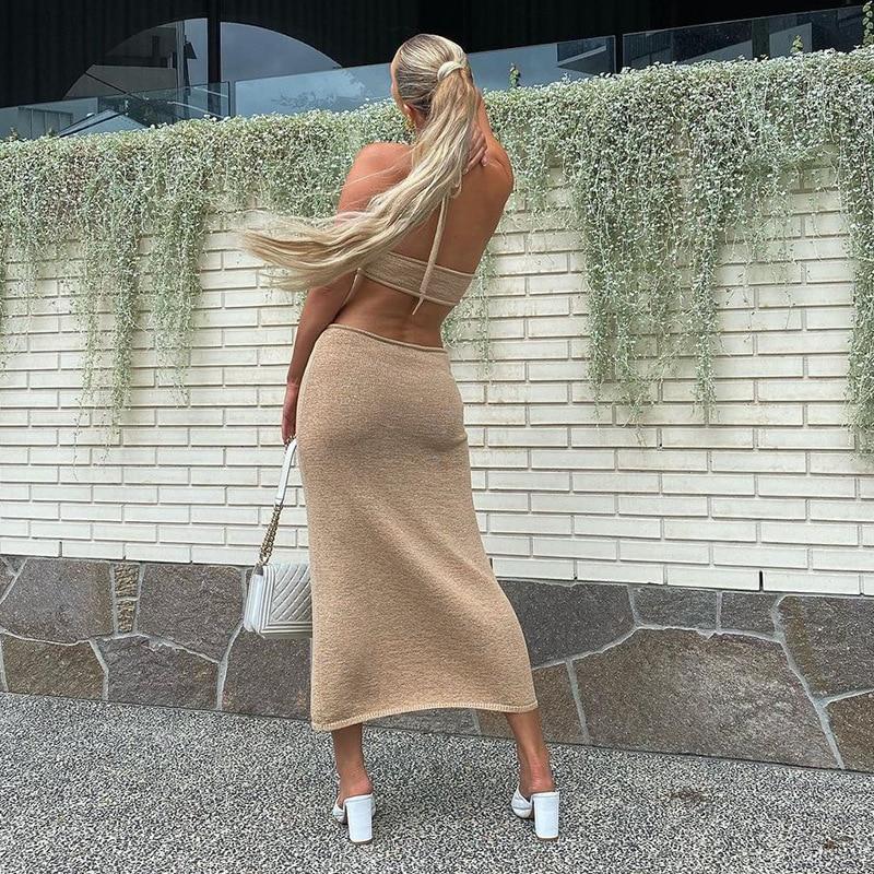 Vacation Outfits Knitted Halter Maxi Dresses Mssaz Desses