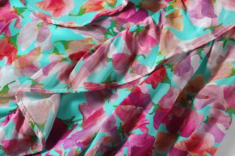 V Neck Short Sleeves Ruffles Sash Belt Printed  Dress Mssaz Desses