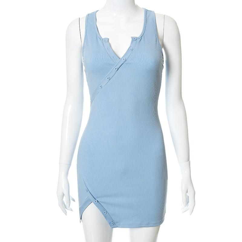 Split Button Sleeveless V Neck Bodycon Mini Dress Mssaz Desses