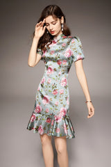 Vintage Stand Collar Short Sleeves Floral Printed Ruffles Elegant Dress Vestidos Mssaz Desses