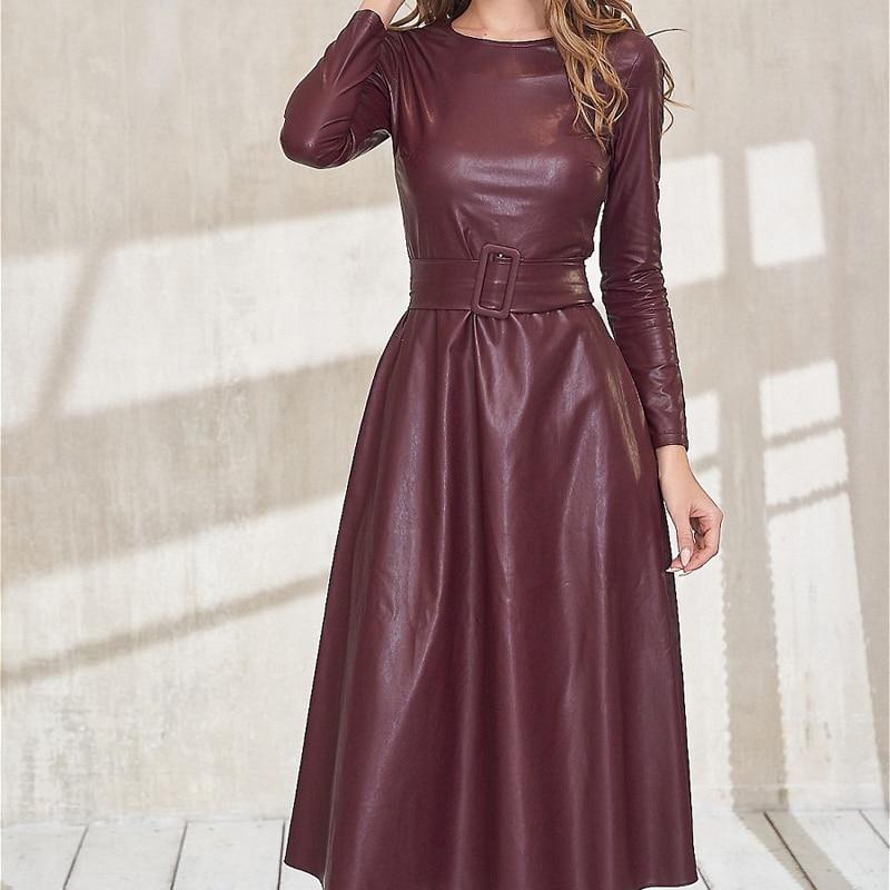 Fit And Flare Winter Dress a Line Pockets Pu Leather Midi Dress Mssaz Desses