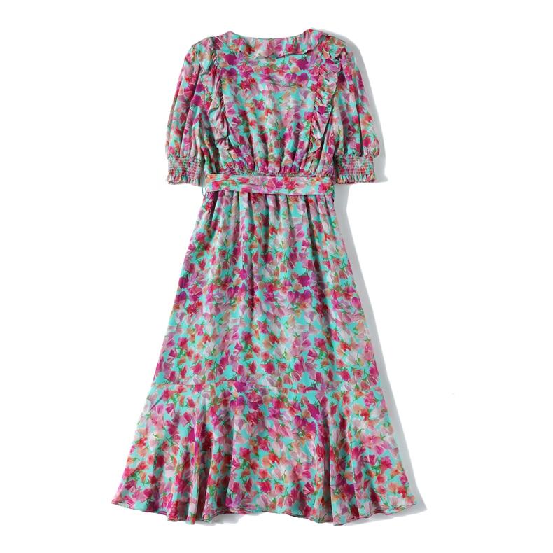V Neck Short Sleeves Ruffles Sash Belt Printed  Dress Mssaz Desses