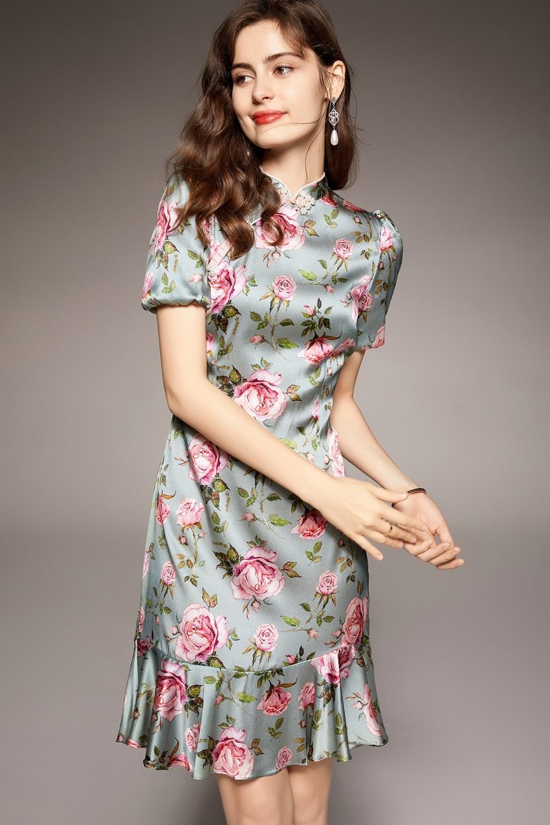 Vintage Stand Collar Short Sleeves Floral Printed Ruffles Elegant Dress Vestidos Mssaz Desses
