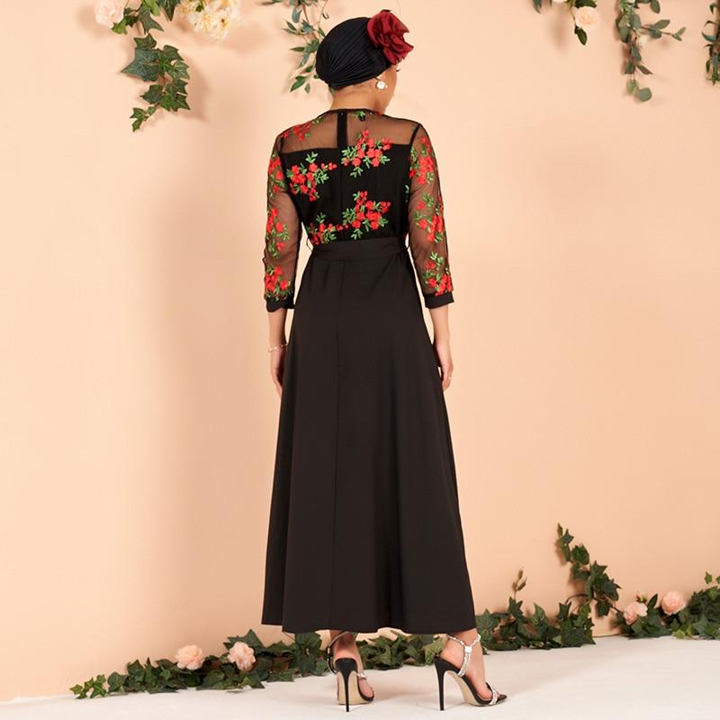 Ladies Embroidery Mesh Color Matching Waist Long-sleeved Arab Dress Banquet Dress Long Black Dress Mssaz Desses