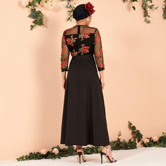Ladies Embroidery Mesh Color Matching Waist Long-sleeved Arab Dress Banquet Dress Long Black Dress Mssaz Desses