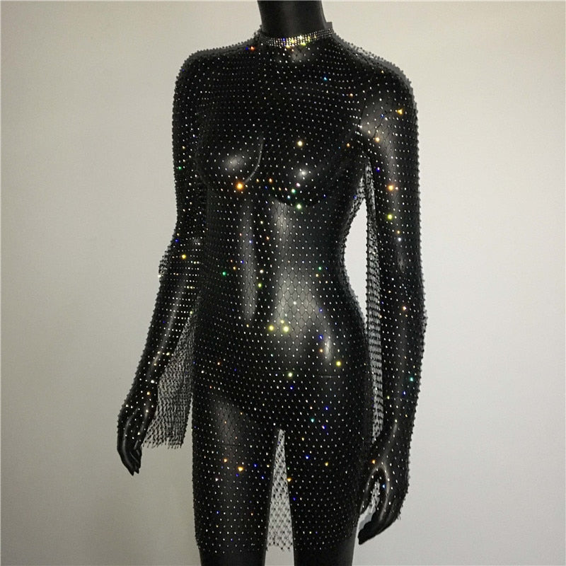 Bling Rhinestones Fishnet Mini Dress  Long Sleeve Crystal Dress Mssaz Desses