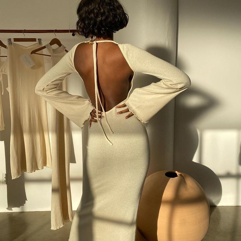 solid knitted open back flared long sleeve maxi dress Mssaz Desses