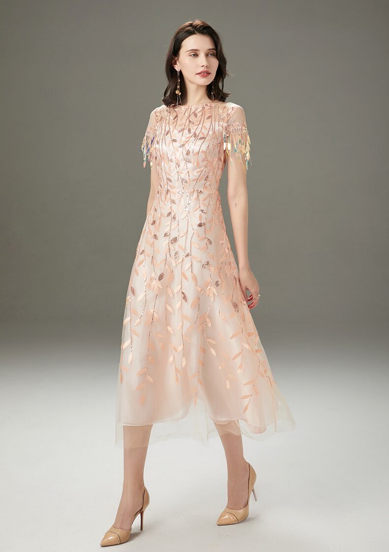 Embroidery Beaded Layered Mid Calf Dresses Mssaz Desses