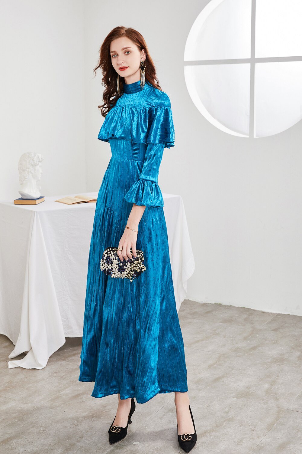 O Neck Long Sleeves Beaded Ruffles Elegant A Line Maxi Party Prom Dress Mssaz Desses