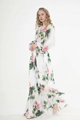 Long Sleeves Floral Printed Lace Up Elegant Maxi Design Casual Dress Mssaz Desses