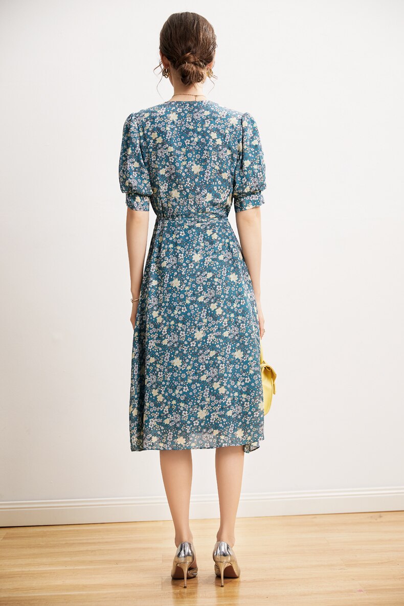 V Neck Short Sleeves Printed Buttons Lace Up Dress Mssaz Desses