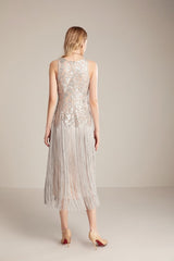 Runway Dresses O Neck Sleeveless Sequined Bodice Tassels Detailing Elegant Mid Calf Party Prom Mssaz Desses