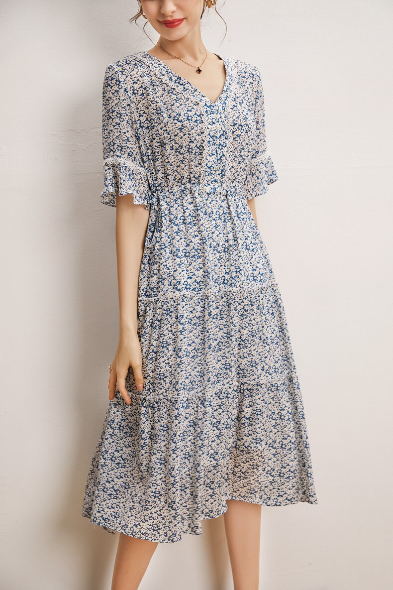 V Neck Short Sleeves Ruffles Floral Printed Holiday Dress Mssaz Desses