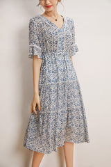 V Neck Short Sleeves Ruffles Floral Printed Holiday Dress Mssaz Desses