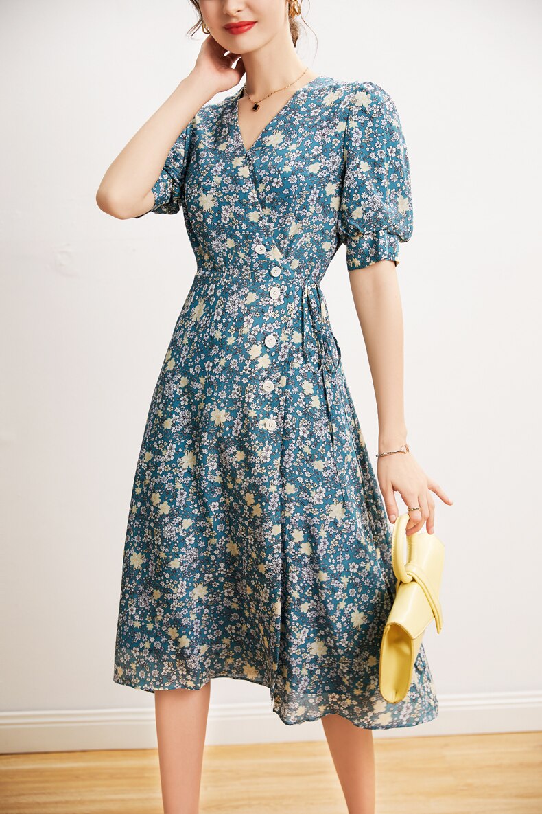 V Neck Short Sleeves Printed Buttons Lace Up Dress Mssaz Desses