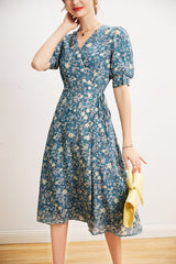 V Neck Short Sleeves Printed Buttons Lace Up Dress Mssaz Desses