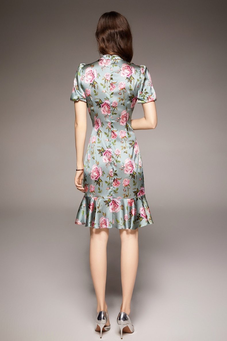 Vintage Stand Collar Short Sleeves Floral Printed Ruffles Elegant Dress Vestidos Mssaz Desses