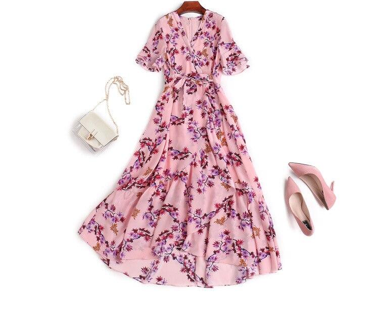 V Neck Ruffles Short Sleeves Printed Casual  Dresses Mssaz Desses