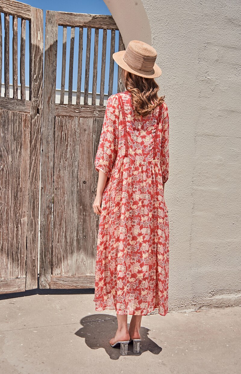 V Neck 3/4 Sleeves Floral Printed Lace Patchwork Holiday Dresses Mssaz Desses