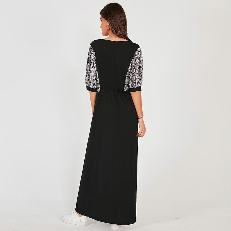 New Long Dress Black Casual Snake Print Stitching Elastic Waist O-neck Half Sleeve Maxi Dresses Robe Mssaz Desses