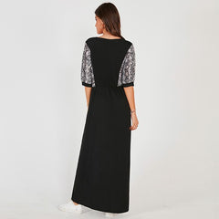 New Long Dress Black Casual Snake Print Stitching Elastic Waist O-neck Half Sleeve Maxi Dresses Robe Mssaz Desses