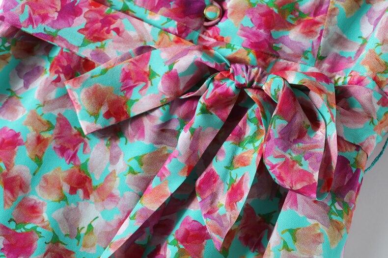 V Neck Short Sleeves Ruffles Sash Belt Printed  Dress Mssaz Desses